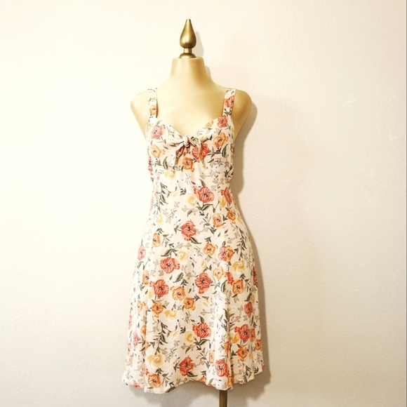 ASTR the Label Cream, Peach Floral Tie Front Cottagecore 90's Spring Mini Dress - Picture 1 of 7